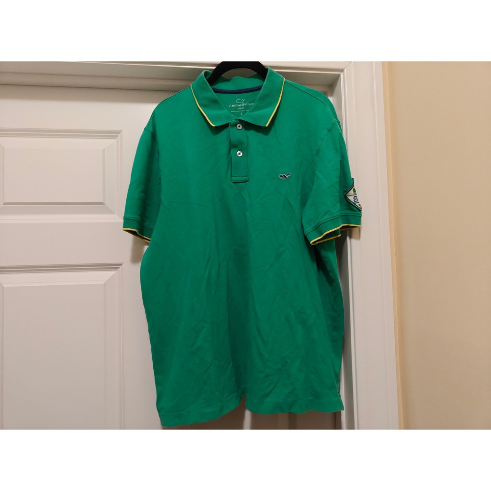 Vineyard Vines Mens Slim Fit Polo Shirt Green Yellow Tipped Whale Logo Large L
